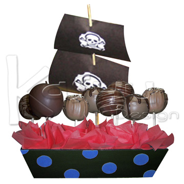 AREGLO DE MADERA BARCO PIRATA CON MANZANAS CUBIERTAS DE CHOCOLATE